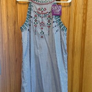 THML Blue Striped Halter Dress with Embroidery